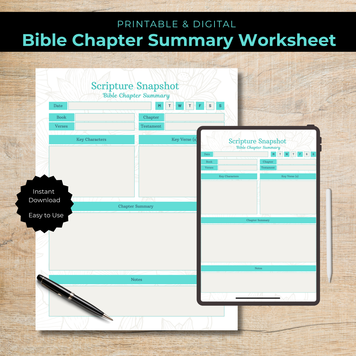 Bible Chapter Summary Worksheet on paper and digital device with pen on wooden surface