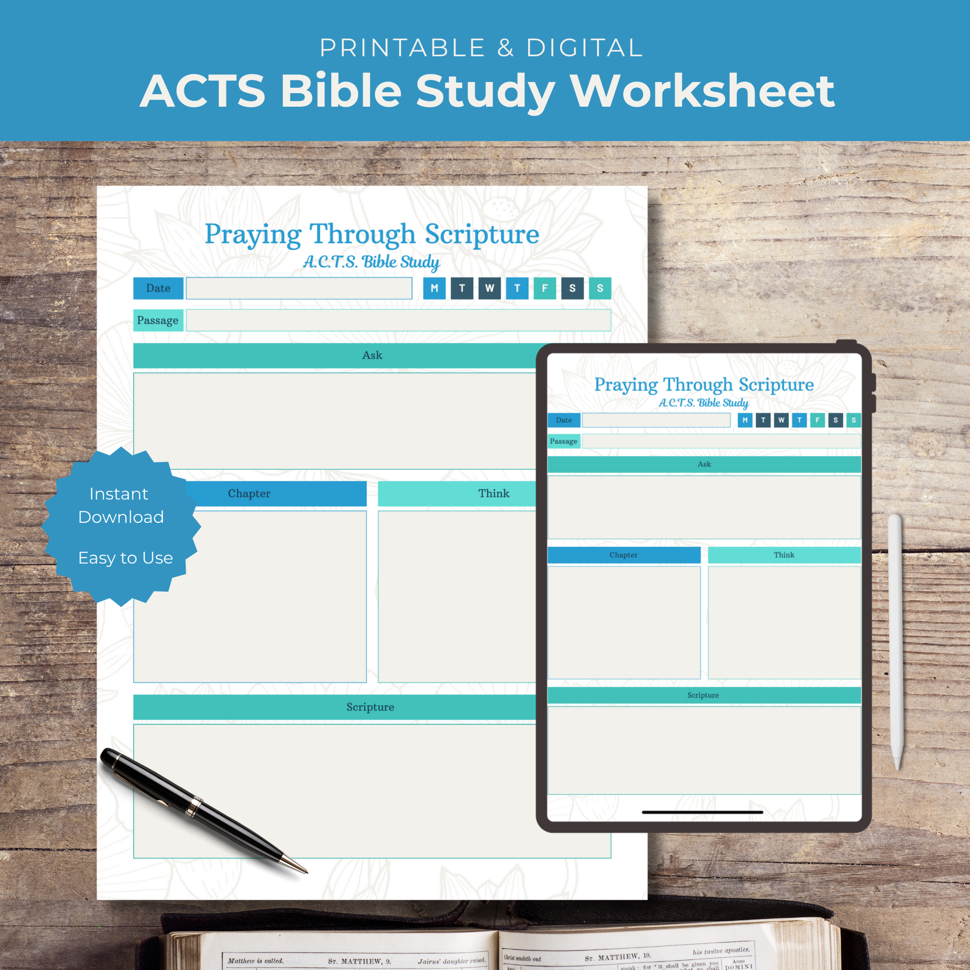 ACTS Bible Study Worksheet on a wooden surface with a tablet and pen.