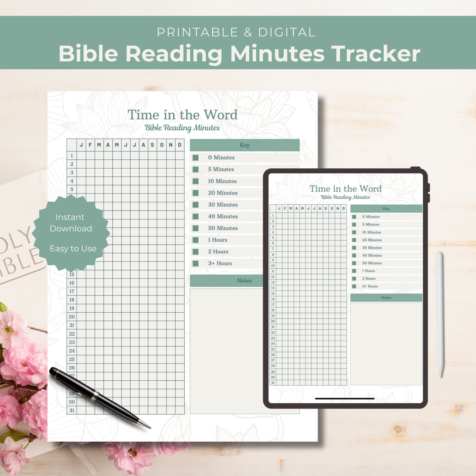 Bible Reading Minutes Tracker on paper and digital device with flowers and pen on a wooden surface.