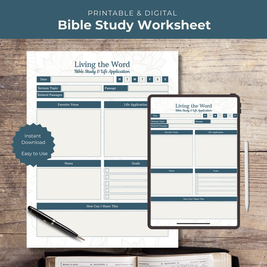 Bible Study Worksheet on a wooden surface with digital version on tablet