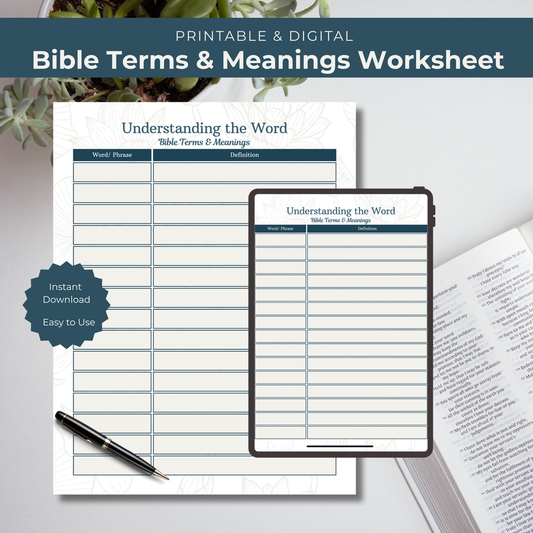 Bible Terms & Meanings Worksheet with digital and printable options on a white surface with a pen and open book.