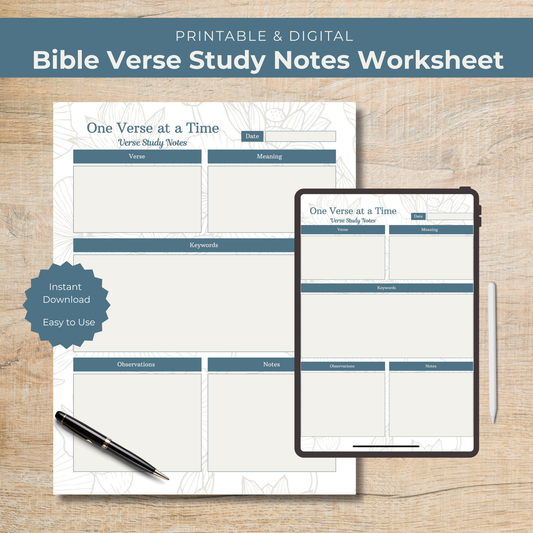 Bible Verse Study Notes Worksheet with digital version on tablet and pen on wooden surface