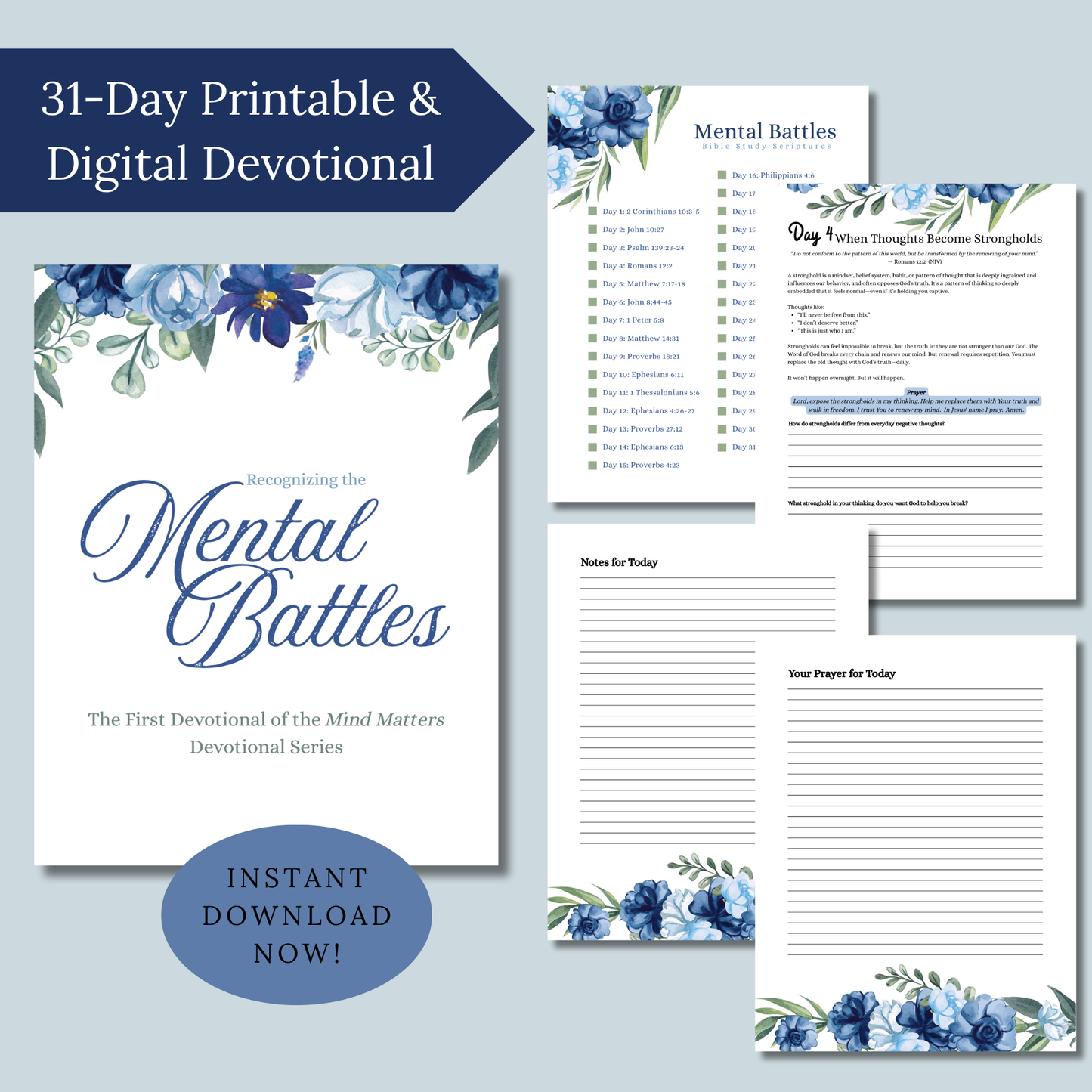 31-Day Printable & Digital Devotional about Mental Battles with floral design on a blue background