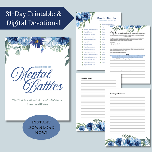 31-Day Printable & Digital Devotional about Mental Battles with floral design on a blue background