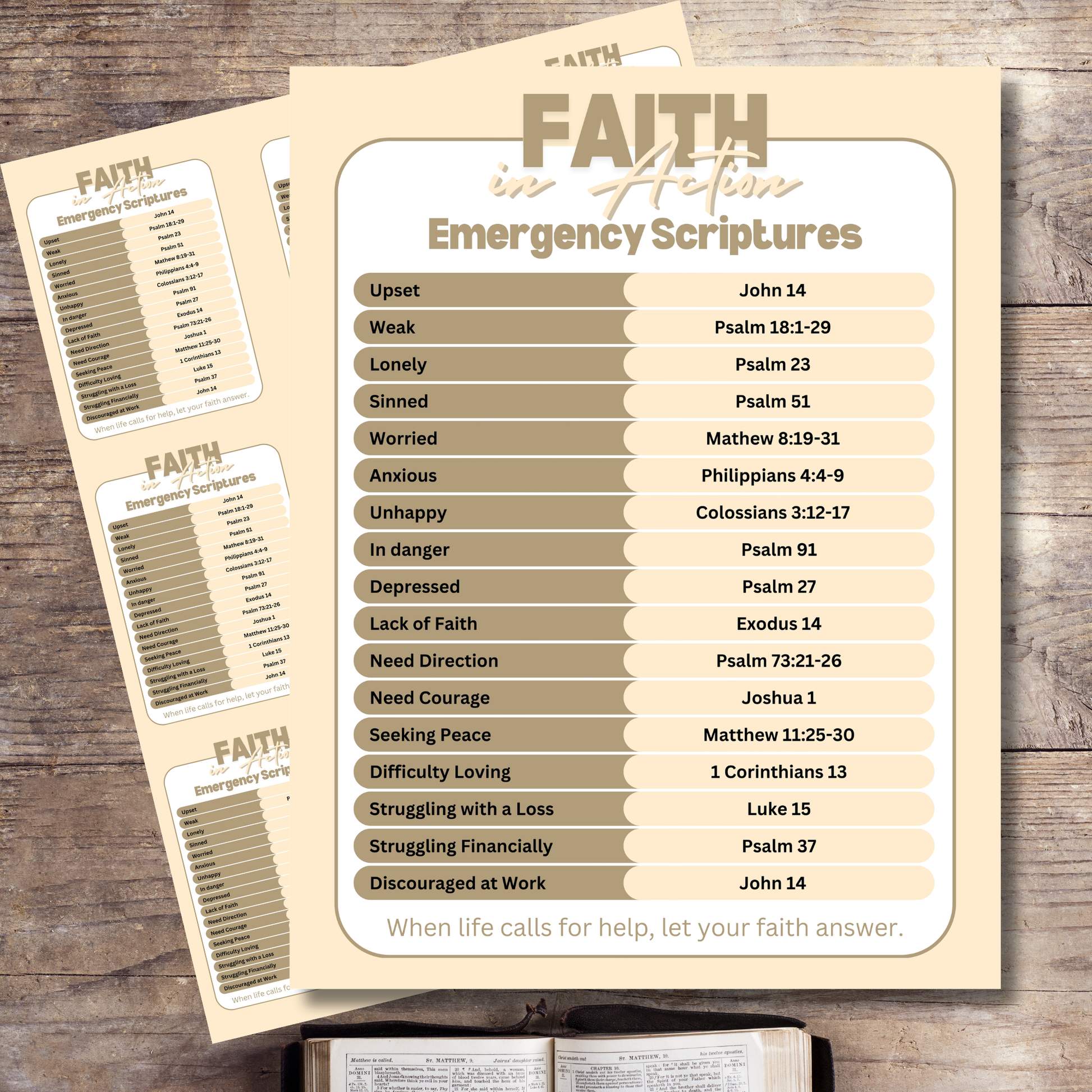 Printable Emergency Scripture Chart and Bible verse cards for encouragement, comfort, prayer, and faith-based Scripture reference
