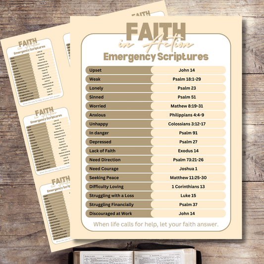 Printable Emergency Scripture Chart and Bible verse cards for encouragement, comfort, prayer, and faith-based Scripture reference