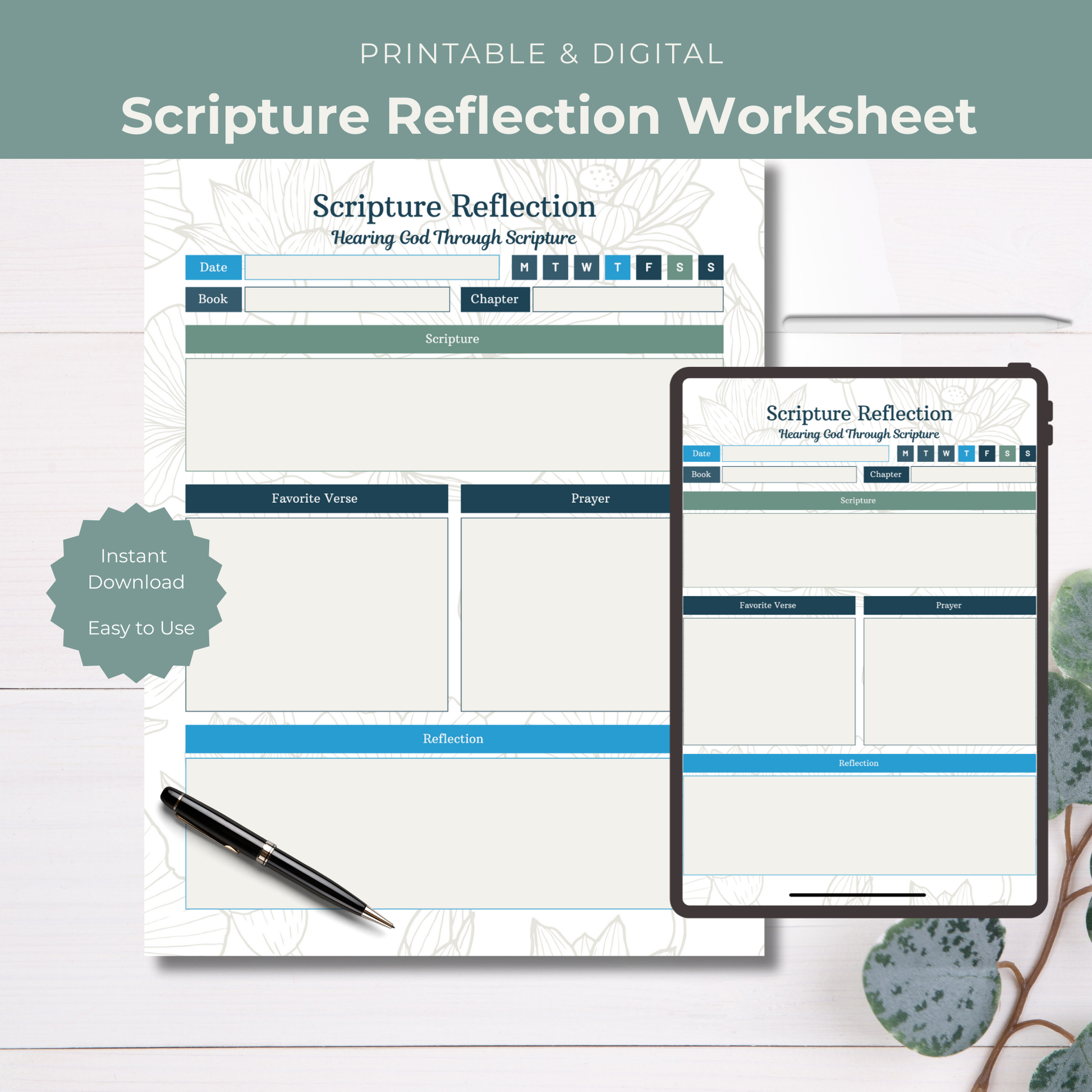 Scripture reflection worksheet on paper and digital device with pen and plant on white background