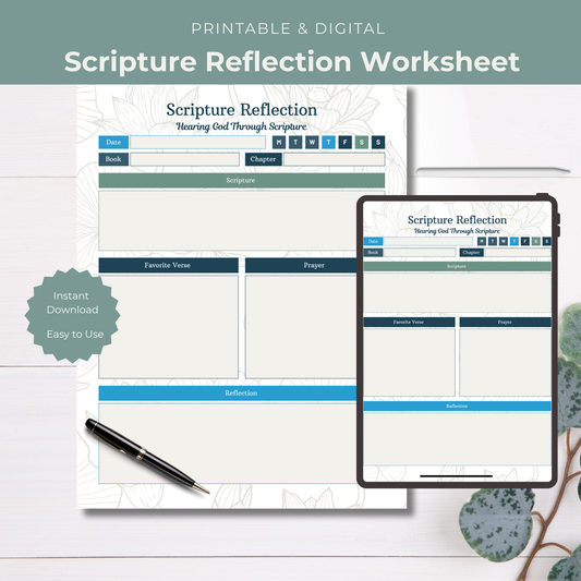 Scripture reflection worksheet on paper and digital device with pen and plant on white background