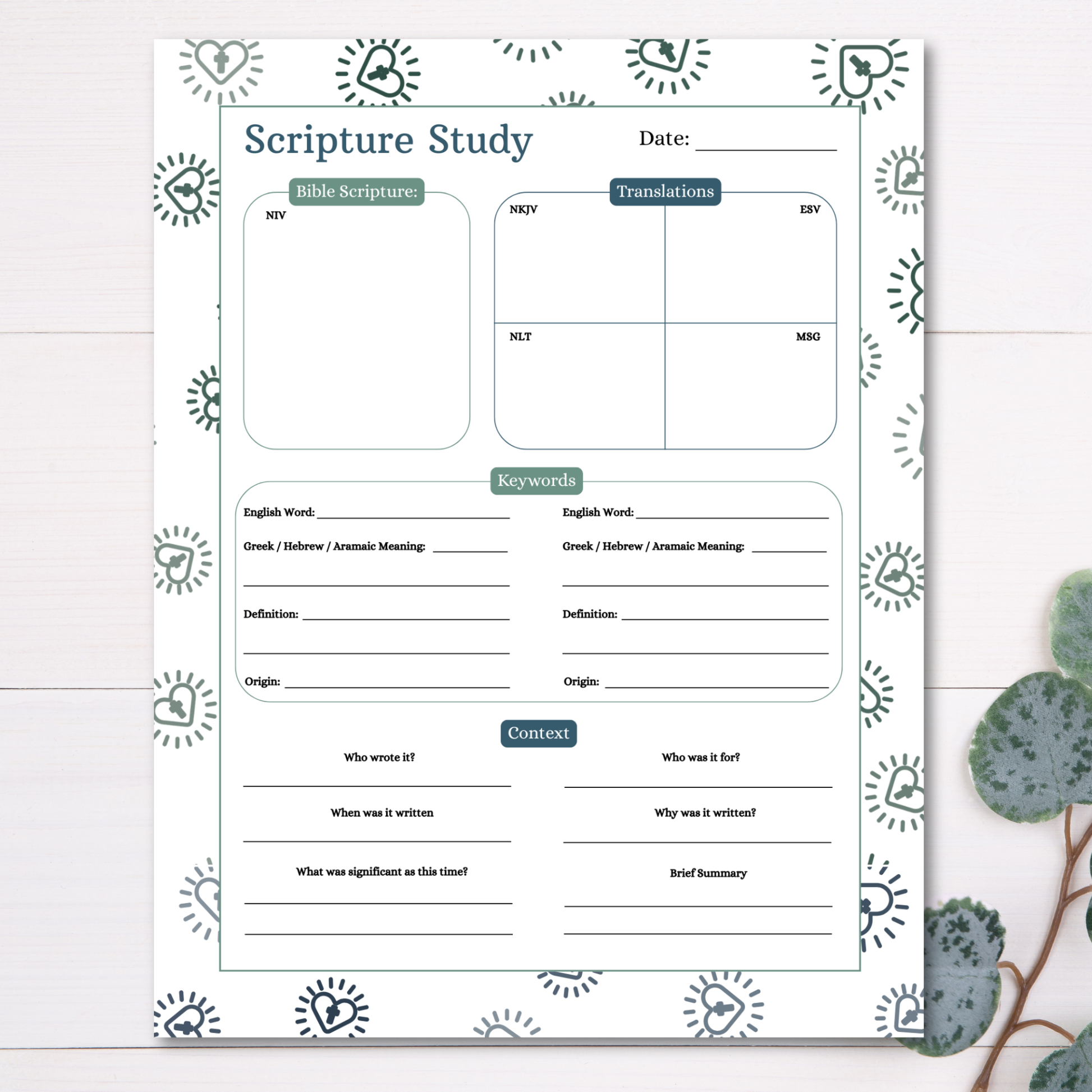 Sheet of paper with a Scripture Study template on a white background