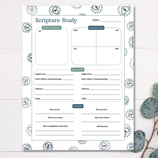 Sheet of paper with a Scripture Study template on a white background