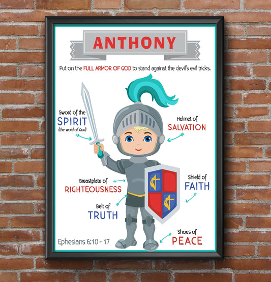 Personalized Armor of God wall art printable for boys featuring Ephesians 6 Christian decor and editable name field