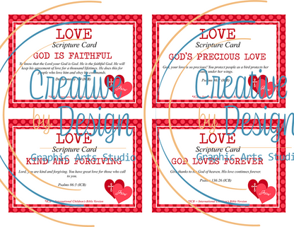 Christian Scripture memory card set for children featuring Bible verses about love